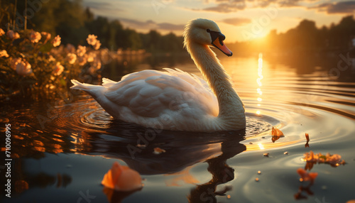 Swan glides on water, reflecting nature beauty generated by AI