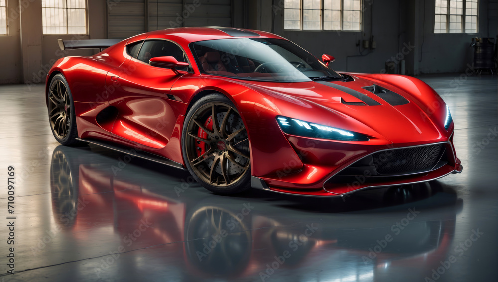 A red sports car in a garage