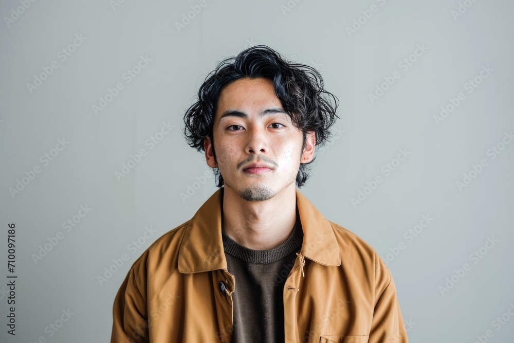 Casual studio portrait of a Japanese man in modern casual wear, isolated on a simple, natural background