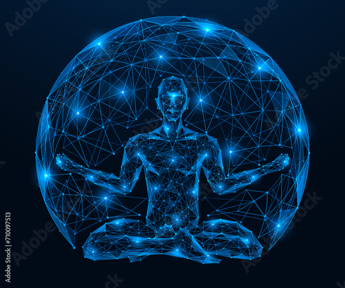 A meditating person. Polygonal design of interconnected lines and dots. Blue background.