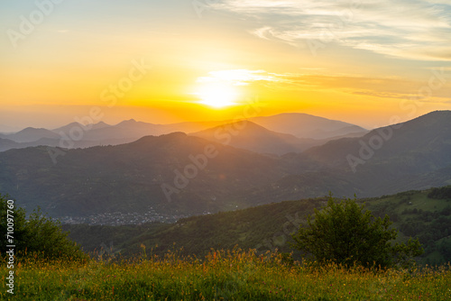 Carpathians mountains landscapes from green meadow on sunset  Apetska mountain  Ukraine