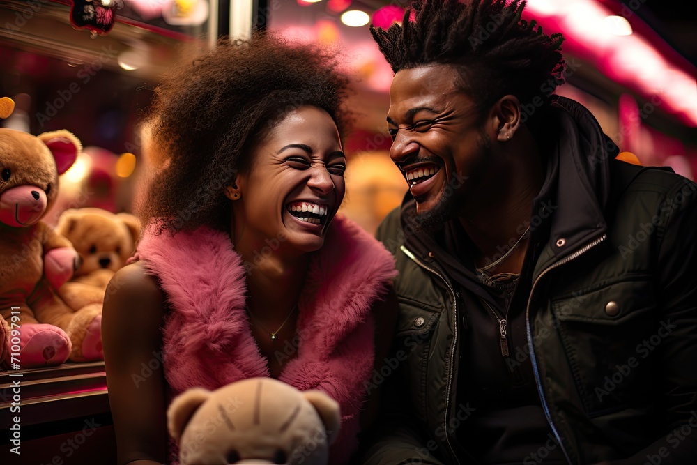 Radiant couple enjoys toys and laughs in amusement park., generative IA
