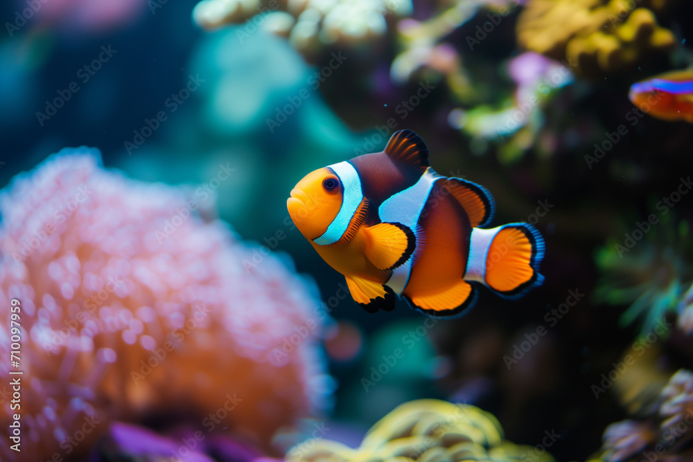 Beautiful colorful sea fish live in an aquarium among various algae and corals. Rare fish species in the aquarium. Red Amphiprion Clown fish. Beautiful colorful sea fish live in an aquarium among various algae and corals. Rare fish species in the aquarium. Red Amphiprion Clown fish.
