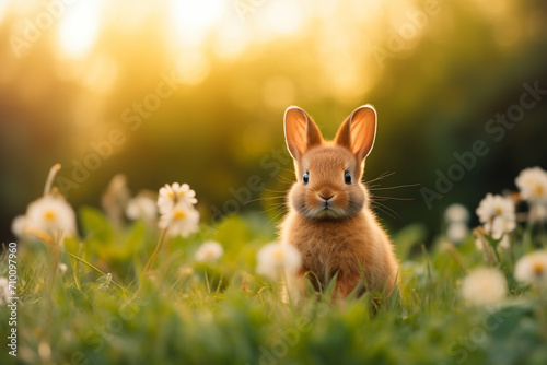 Cute Little Bunny on a Field With Flowers