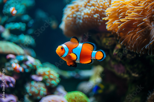 Beautiful colorful sea fish live in an aquarium among various algae and corals. Rare fish species in the aquarium. Red Amphiprion Clown fish.