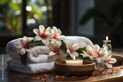 A tranquil spa setup captures the essence of relaxation with a bowl of frangipani flowers