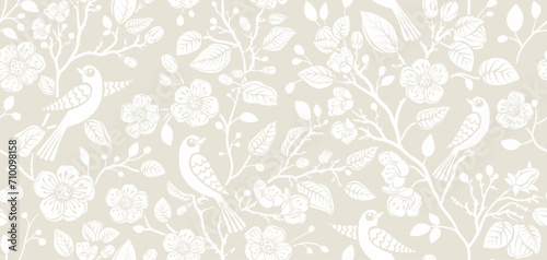 Two-color vector floral pattern with birds. Design for wallpaper, wrapping paper, background, fabric. Vector seamless pattern with decorative climbing flowers photo