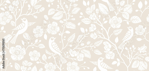 Two-color floral pattern with birds. Design for wallpaper, wrapping paper, background, fabric. Seamless pattern with decorative climbing flowers photo