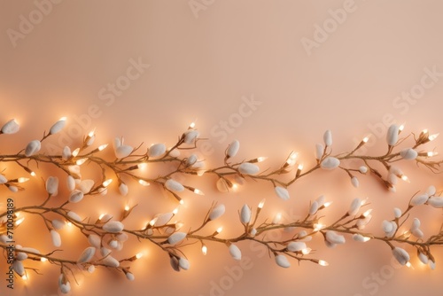 Soft Christmas lights from a garland with Christmas tree branches on an almond background