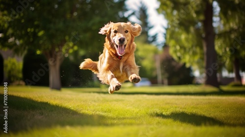 happy golden retriever jumping on the lawn at a sunny day