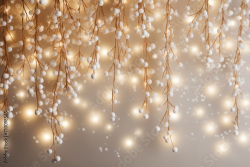 Soft Christmas lights from a garland with Christmas tree branches on a pearl background © Michael