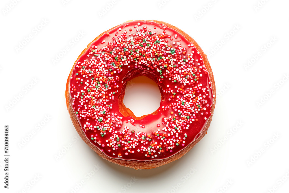 donut one with red glaze and multicolored sprinkles, top view, isolated on white background donut one with red glaze and multicolored sprinkles, top view, isolated on white background