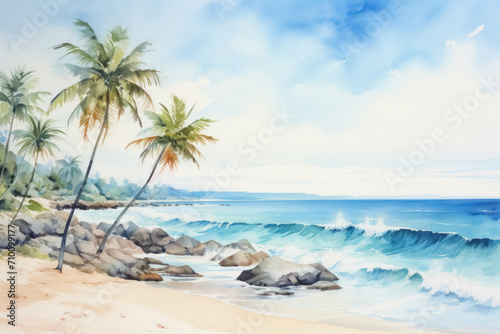 Watercolor painting of tropical landscape with palm trees  beach and calm blue ocean. Peaceful picture of nature