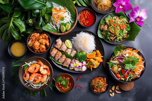 traditional thai food on dark background, oriental food concept, top view
