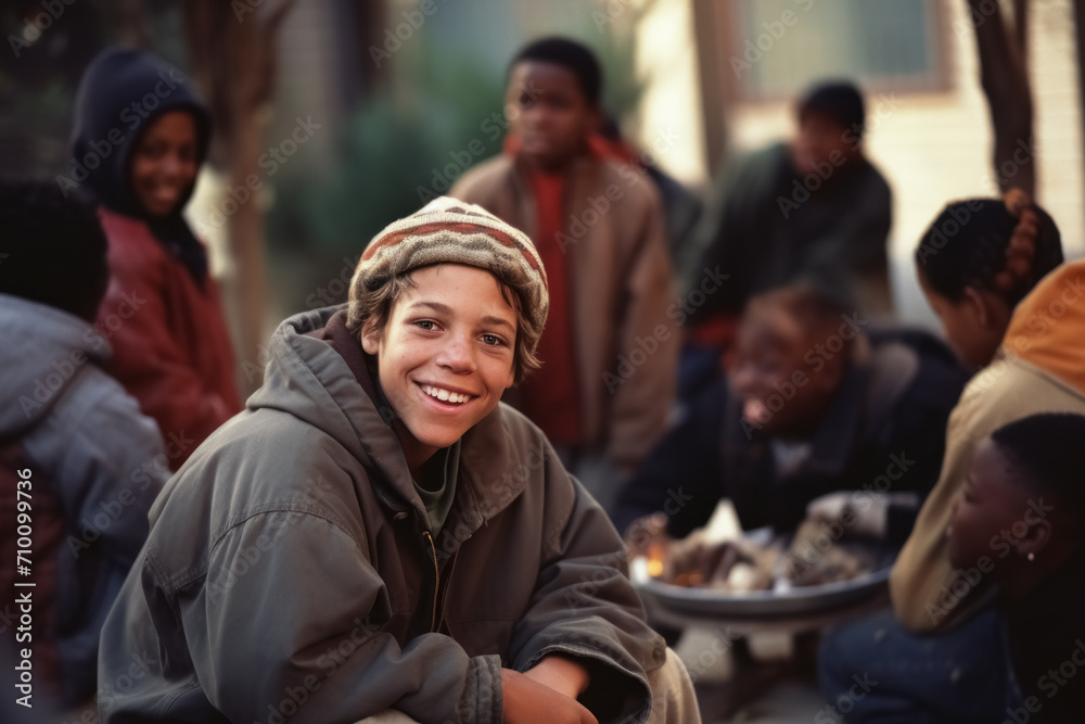 Portrait of young homeless positive smiling boy among other children in volunteer camp, concept of social problems in society