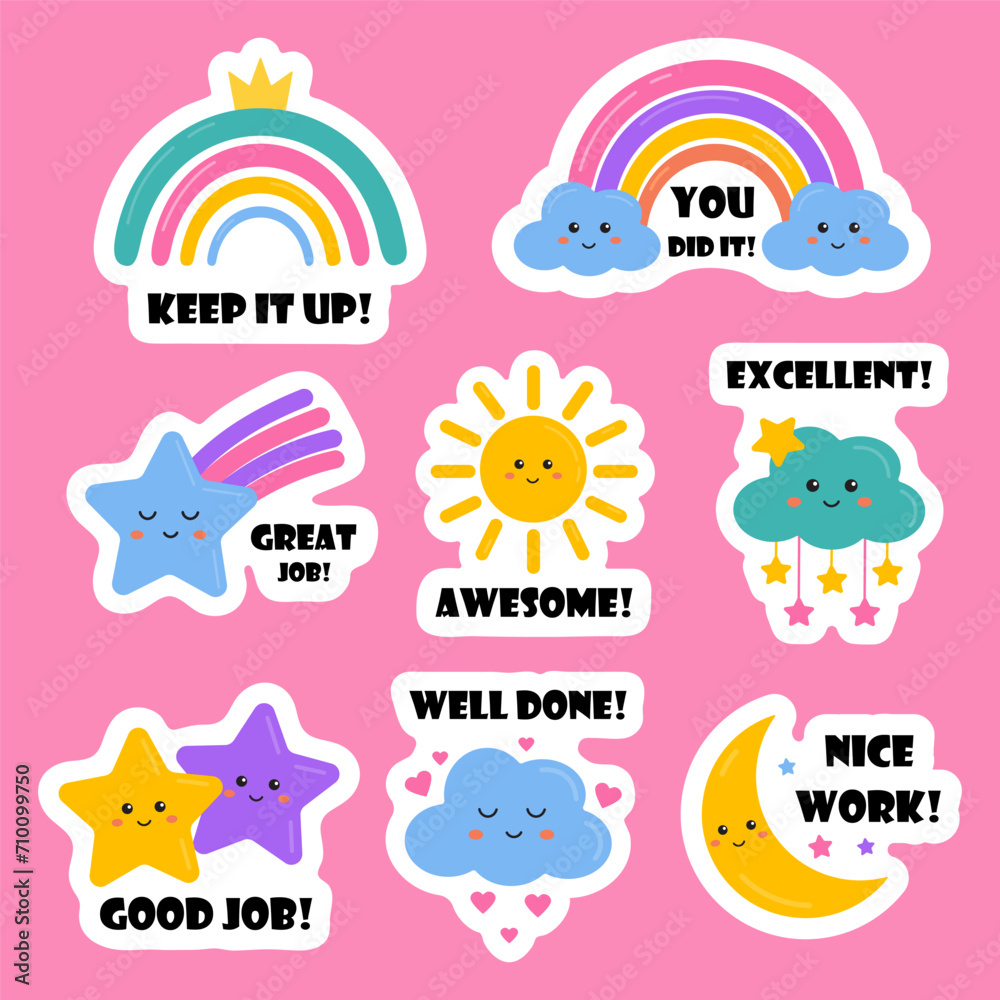 Job and great job stickers with cute rainbows, stars for kids. Stickers for teacher, students school to reward, motivate, encourage for learning, study, home tasks. Reward stickers, success, congrats.