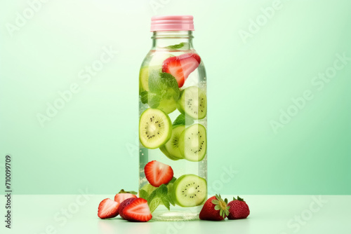 Glass transparent bottle with refreshing drink detox infused water with kiwi and strawberry. Isolated beverage on green background banner