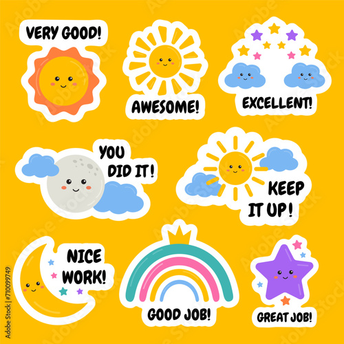 School labels for teachers, good job, well done, nice work reward labels for kids, pupils with funny rainbow, sun, star. Award, encouraging, motivation stickers for success, good education, homework.