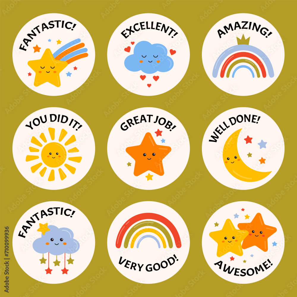 Collection of school reward stickers for kids, encouragement, motivation labels, badges for schoolers, children. Great job, good job, success, congrats, excellent work labels with rainbows, stars.