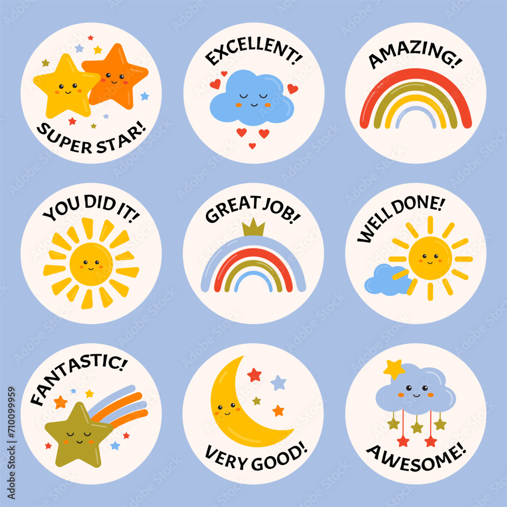 Good job and great job stickers with rainbows, stars, clouds for