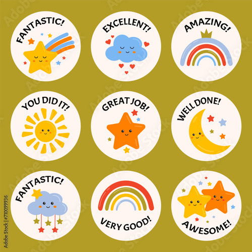 Collection of school reward stickers for kids, encouragement, motivation labels, badges for schoolers, children. Great job, good job, success, congrats, excellent work labels with rainbows, stars.
