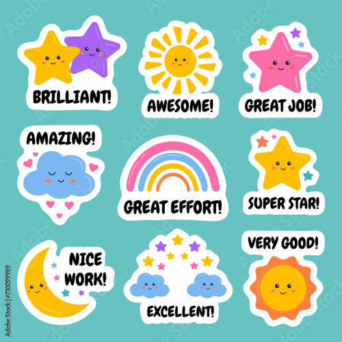 Encouragement good job, well done, excellent work stickers for kids, schoolers. Useful for teachers for motivation, learning, educational award, reward labels, badges. Stars, rainbows design.