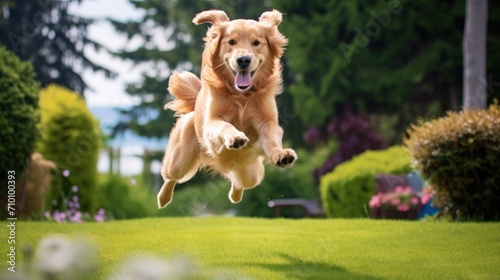 happy golden retriever jumping on the lawn at a sunny day