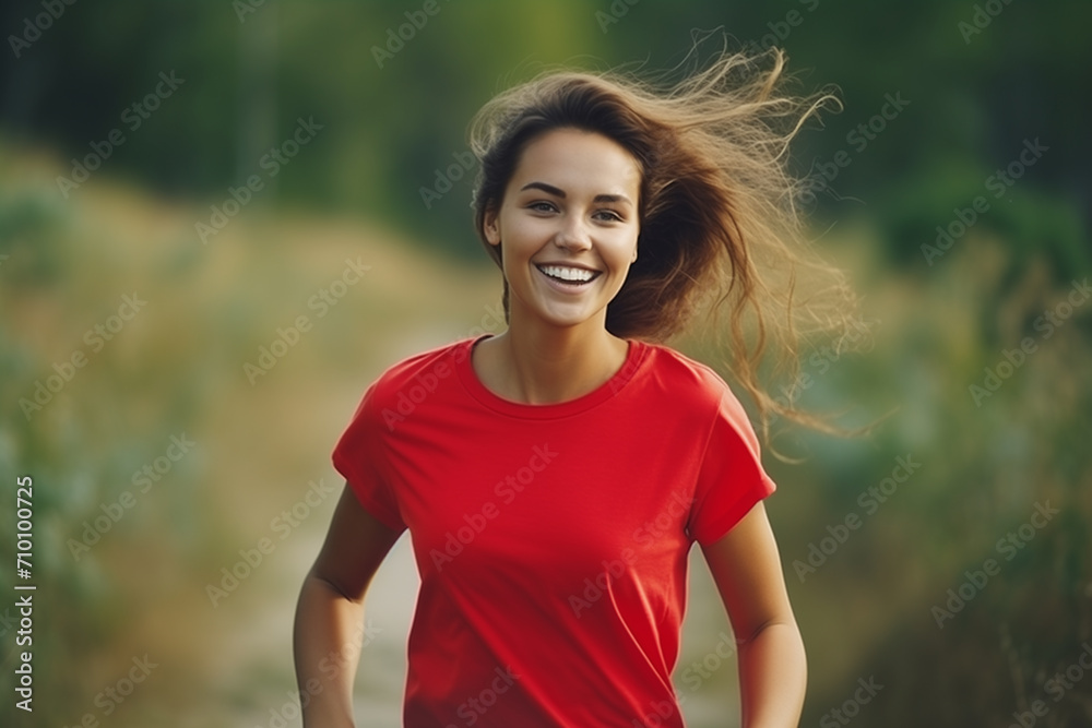 smile woman in red t-shirt and sports clothes is jogging in nature, selective focus, waist portrait