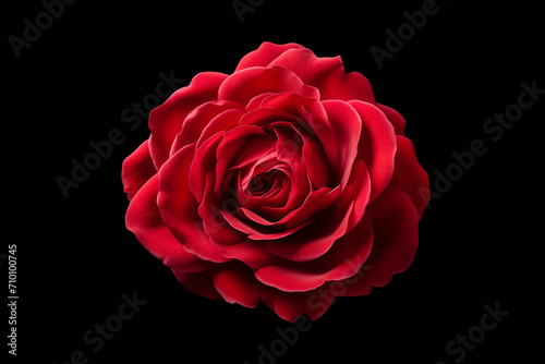 rose flower red bud, top view, close-up, isolated on black background