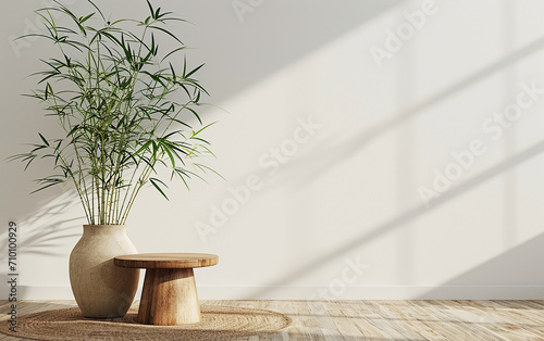 Vaso com bambus na mesa final perto da parede branca photo