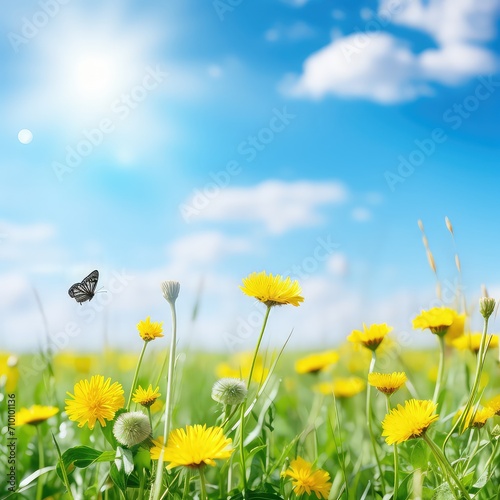 Abstract minimalistic beautiful wild meadow field with yellow dandelion flowers and blurry blue sky with clouds. Perfect natural landscape. butterfly on yellow flower, royal colors, print, illustrat