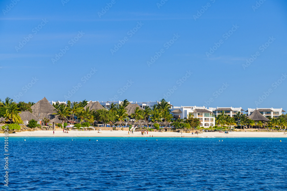 View of the beach and hotels in Nungwi village, Zanzibar, Tanzania