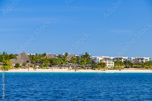View of the beach and hotels in Nungwi village, Zanzibar, Tanzania