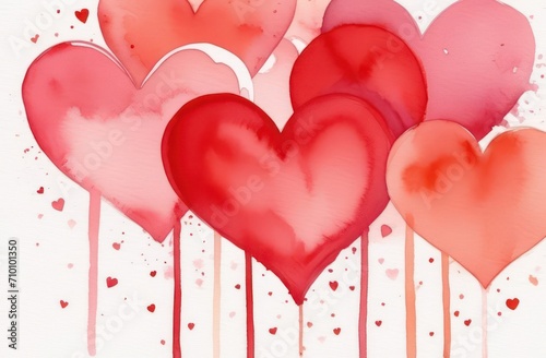 Valentine's day watercolor hand painted red hearts with smudges. Isolated on white background