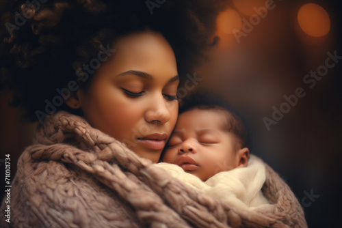 mother and her baby son sleeping in her arms outdoors, maternal care and love