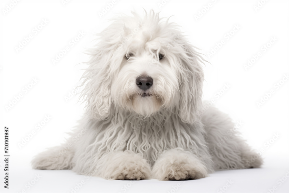 Komondor dog lying, isolated on white background