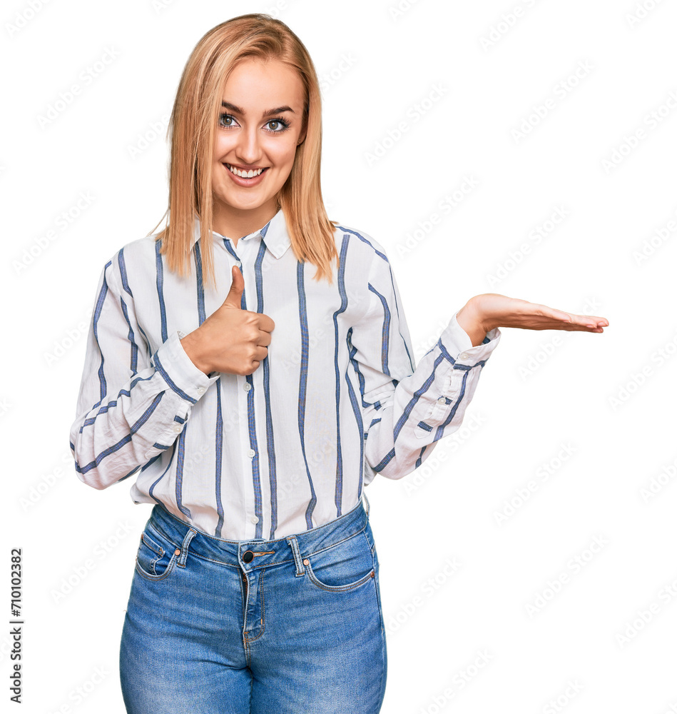 Beautiful caucasian woman wearing casual clothes showing palm hand and doing ok gesture with thumbs up, smiling happy and cheerful Beautiful caucasian woman wearing casual clothes showing palm hand and doing ok gesture with thumbs up, smiling happy and cheerful