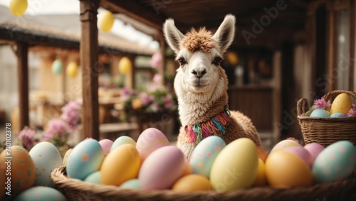 Cute alpaca with colorful Easter eggs photo