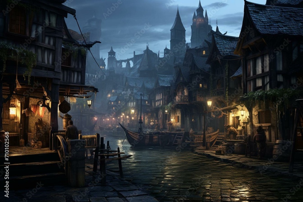 Naklejka premium A medieval town with a pirate tavern, shops, and a fantasy atmosphere. Generative AI