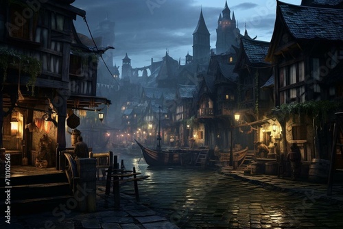 A medieval town with a pirate tavern, shops, and a fantasy atmosphere. Generative AI photo