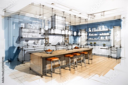 Kitchen interior sketch. Kitchen blueprint design. Generative AI