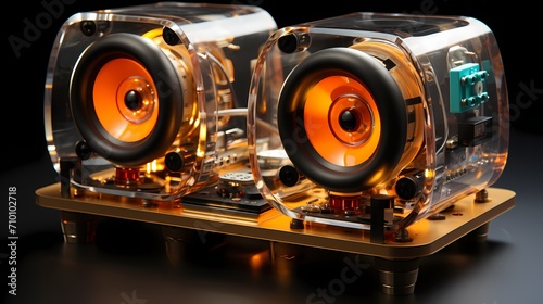 A set of premium computer speakers with a glass enclosure, showcasing the internal components for a visually striking design