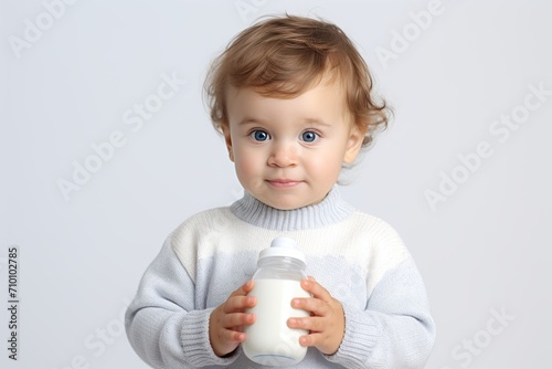 Little baby boy drinks milk from a bottle on grey background