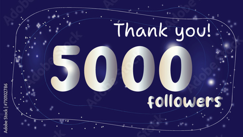 5k Silver numbers Followers Blue background Premium vector social media poster banner celebration greeting Gratitude text thank you Network friends followers 5000 Dark design Milestone