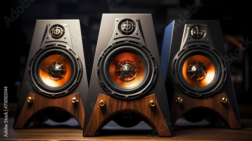 A set of premium computer speakers with a wooden cabinet, offering warm and rich sound reproduction