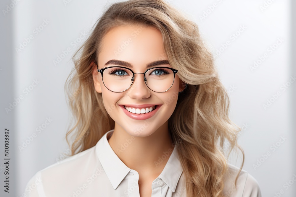 Portrait of young woman in eyeglasses on white background