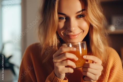 Young beautiful woman drinking coffee in the kitchen