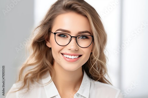 Portrait of young woman in eyeglasses on white background