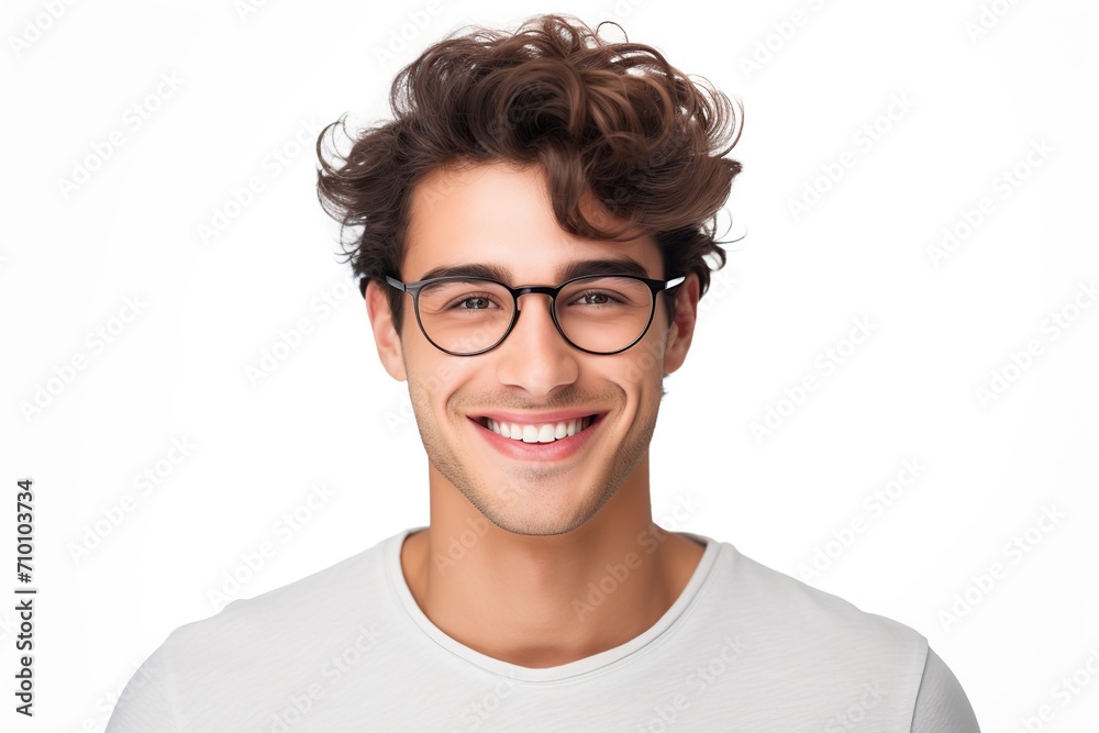 Fototapeta premium Portrait of young man in eyeglasses on white background