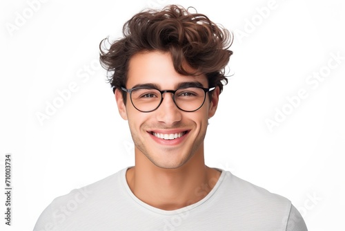 Portrait of young man in eyeglasses on white background
